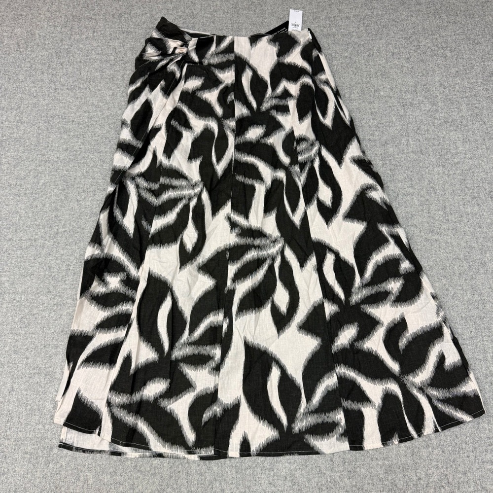 Banana Republic | Ikat Leaf Linen Blend Midi Skirt | 2 | Black White | Side Slit
